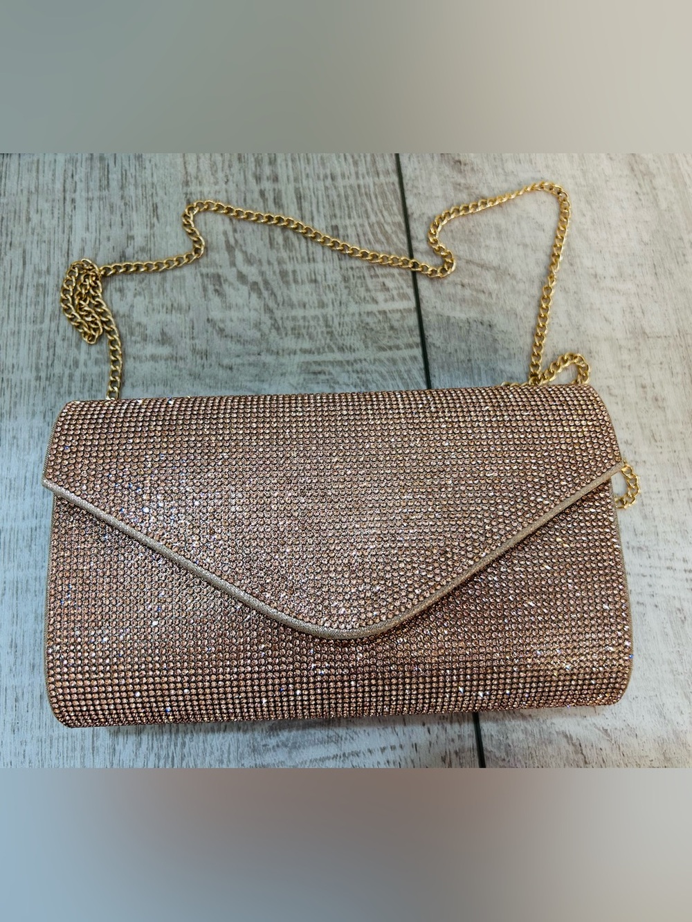 Rhinestone Envelope Clutch with Gold Chain Shoulder Strap  - Rose Gold